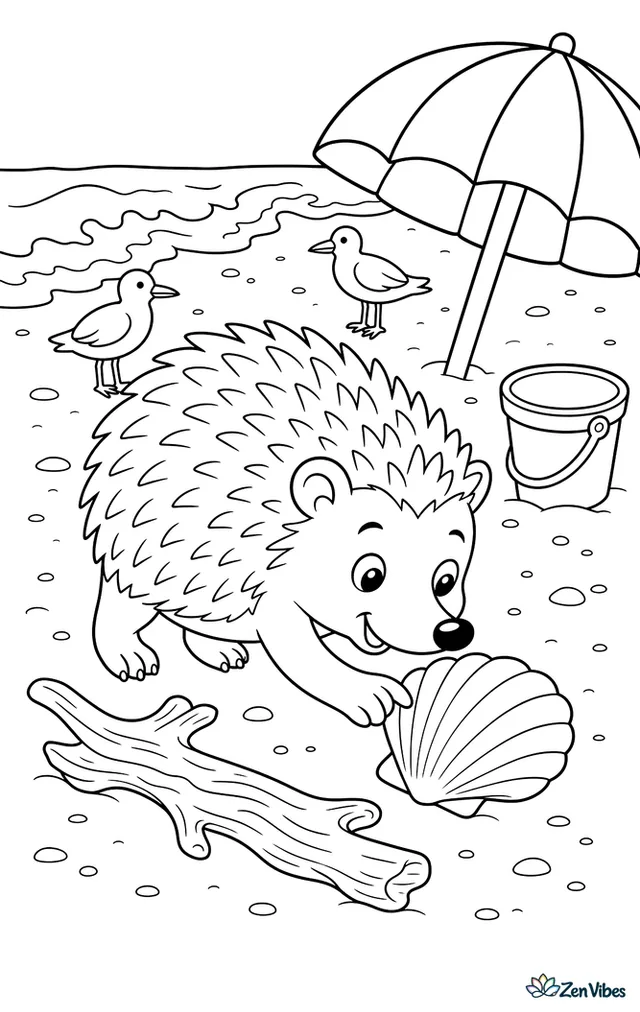 A four-toed hedgehog explores a sandy beach, nudging a seashell near a driftwood branch, with gentle waves, a striped umbrella, a bucket, and two shore birds nearby.