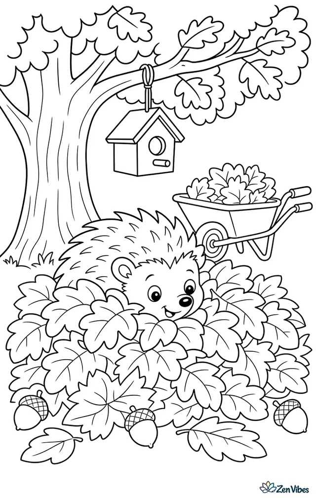 A European hedgehog burrows into a colorful leaf pile in a backyard, with an oak tree, a wheelbarrow, acorns, and a birdhouse hanging from a branch overhead.