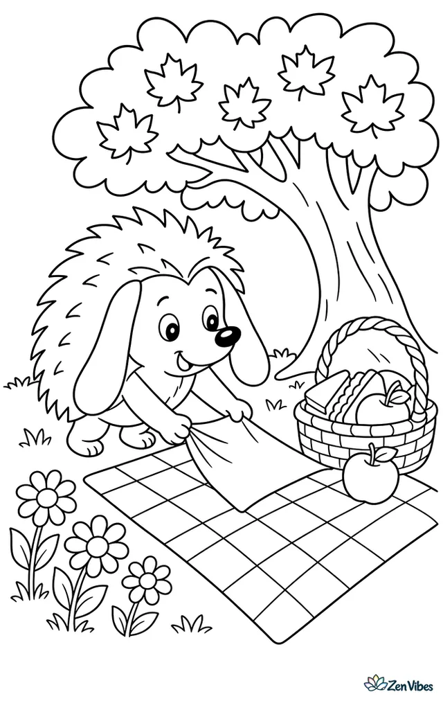 A long-eared hedgehog pulls a napkin toward a picnic blanket in a park, surrounded by a sandwich basket, apples, daisies, a checkered cloth, and a shady maple tree.