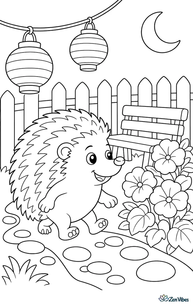 A four-toed hedgehog walks along a garden path at dusk, passing paper lanterns, smooth pebbles, a bench, blooming petunias, and a crescent moon above the fence.