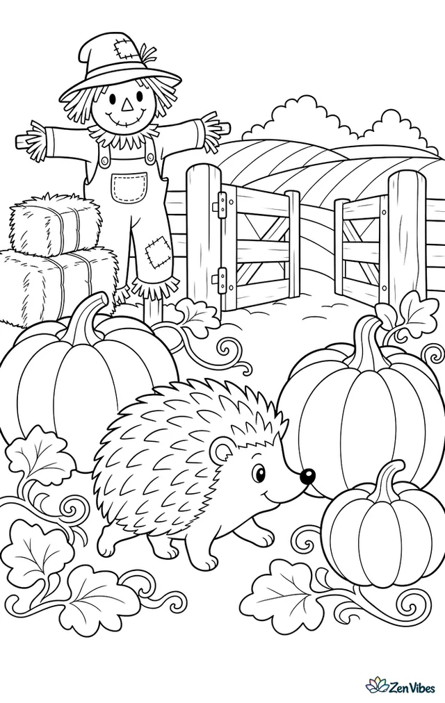 A European hedgehog trots between giant pumpkins in an autumn patch, with curling vines, a scarecrow, stacked hay bales, and a wooden gate opening toward farm fields.