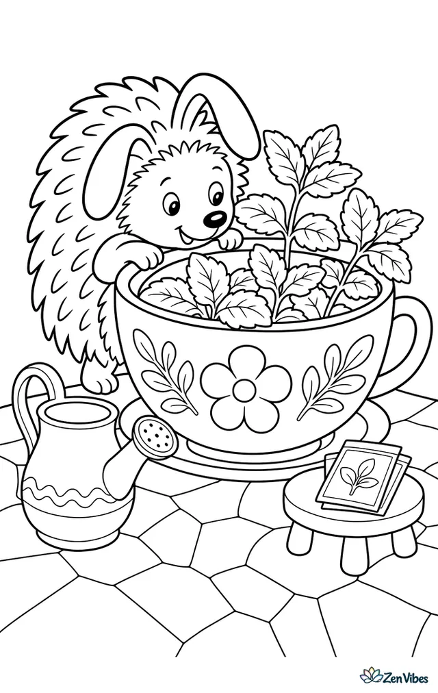 A long-eared hedgehog peeks into an oversized teacup planter on a patio, with mint leaves, a watering jug, patterned tiles, and a tiny table holding seed packets.