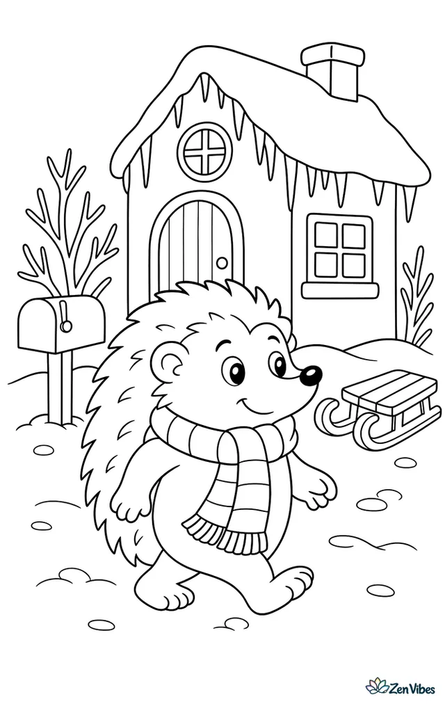 A four-toed hedgehog wearing a cozy scarf walks through light snow beside a cottage, with bare shrubs, a sled, a mailbox, and icicles hanging from the roof.