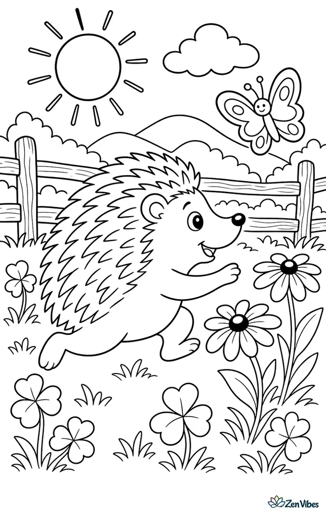 A European hedgehog trots through a wildflower meadow chasing a butterfly, with clover, black-eyed Susans, a split-rail fence, distant hills, and a bright sun overhead.
