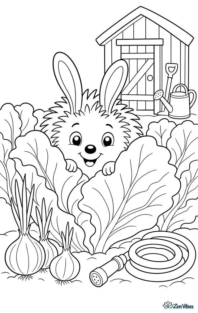 A long-eared hedgehog peeks between broad cabbage leaves in a kitchen garden, with onions, a watering hose, garden markers, and a wooden shed in the background.