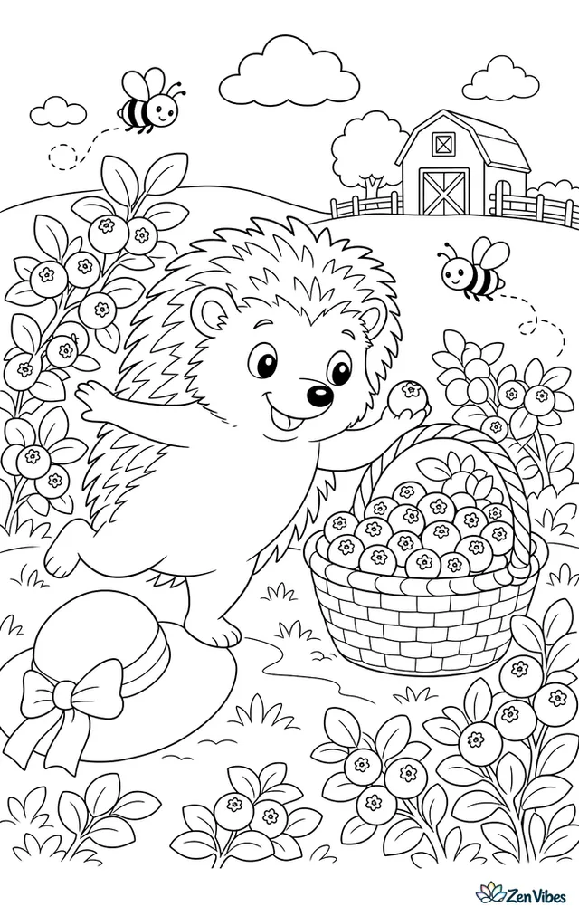 A European hedgehog balances beside a basket of blueberries in a berry field, with low bushes, buzzing bees, a sunhat on the ground, and a barn far away.