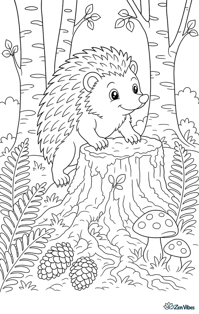 A four-toed hedgehog climbs onto a mossy stump in a woodland clearing, surrounded by ferns, fallen pinecones, toadstools, twisting roots, and tall birch trees.