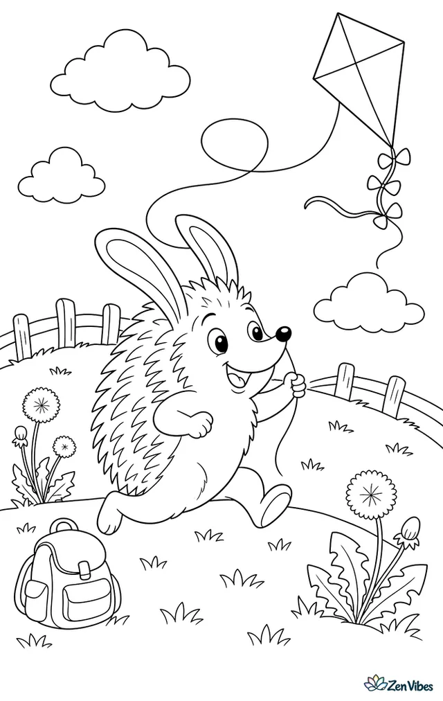 A long-eared hedgehog runs across a grassy hill flying a diamond kite, with looping string, dandelions, a small backpack, drifting clouds, and a fence along the ridge.