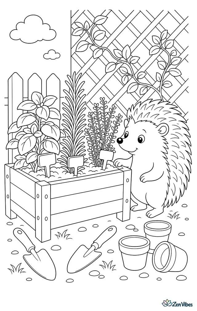 A European hedgehog stands beside a raised planter box filled with basil, rosemary, and thyme, with trowels, seed labels, terracotta pots, and a lattice wall behind.