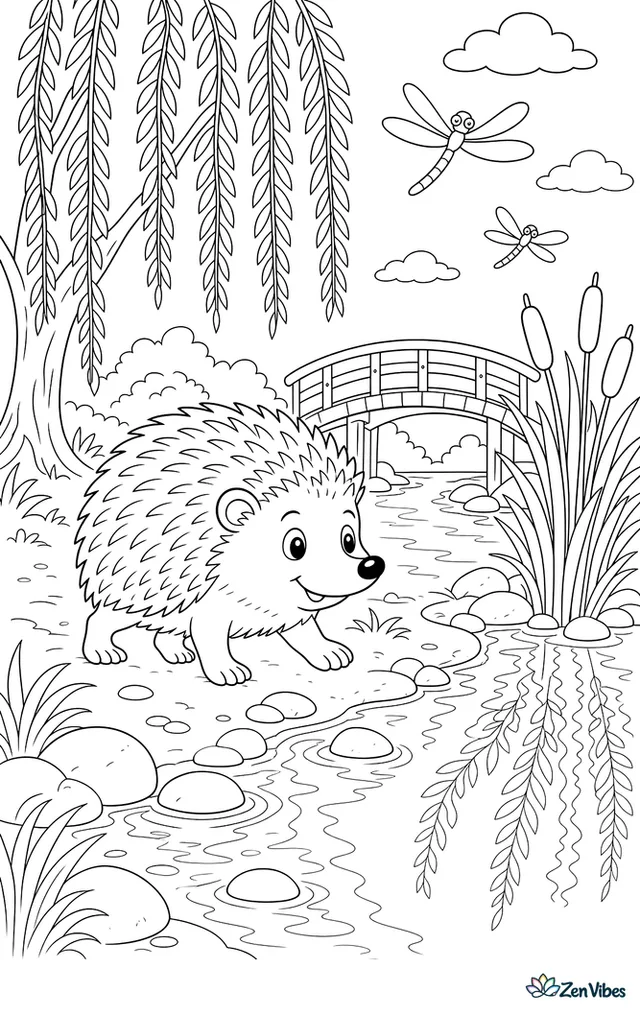 A four-toed hedgehog walks along a riverbank path near reeds and smooth stones, with a wooden footbridge, cattails, dragonflies, and reflections of willow branches in the water.