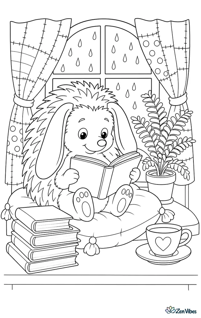 A long-eared hedgehog reads on a cushion in a cozy window nook, surrounded by stacked books, a potted fern, patchwork curtains, a teacup, and raindrops on the panes.