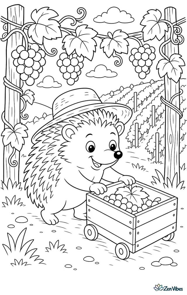 A European hedgehog rolls a small crate beneath hanging grape clusters in a vineyard, with wooden posts, curling vines, a straw hat, and distant rows climbing a hillside.