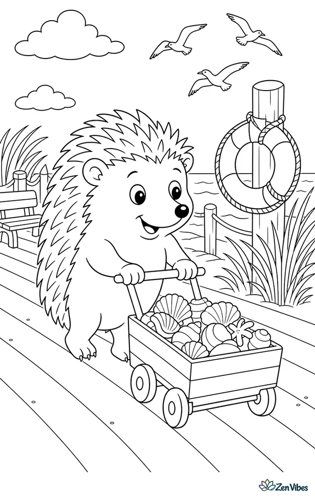 A four-toed hedgehog pushes a tiny cart filled with seashells along a boardwalk, with dune grass, a lifebuoy on a post, benches, and gulls over the ocean.