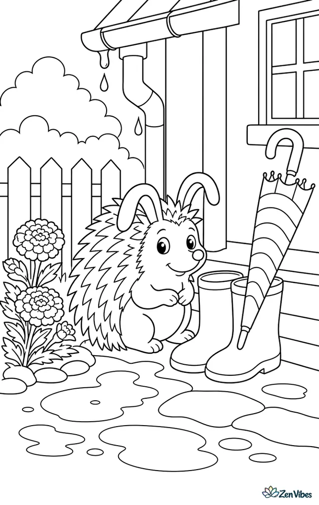 A long-eared hedgehog shelters beside a pair of rain boots near a porch step, with dripping gutters, a striped umbrella, marigolds, puddles, and a welcome mat.