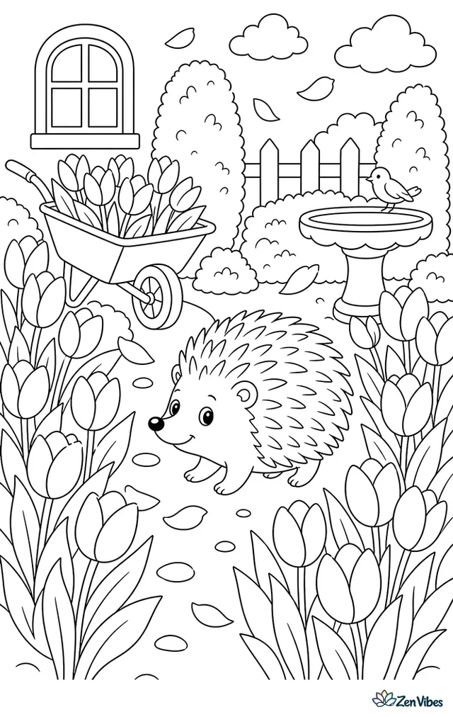 A European hedgehog wanders between neat tulip rows in a spring garden, with a wheelbarrow, trimmed hedges, a stone birdbath, and petals blowing in the breeze.