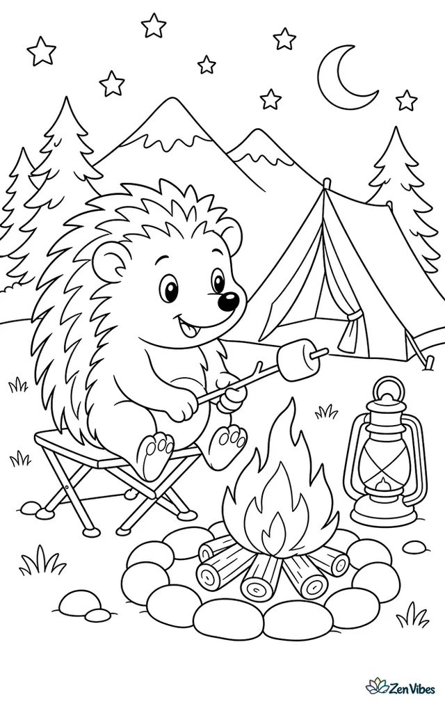 A four-toed hedgehog toasts a marshmallow over a small campfire in a safe stone ring, with a tent, pine trees, folding stool, lantern, and mountains under stars.