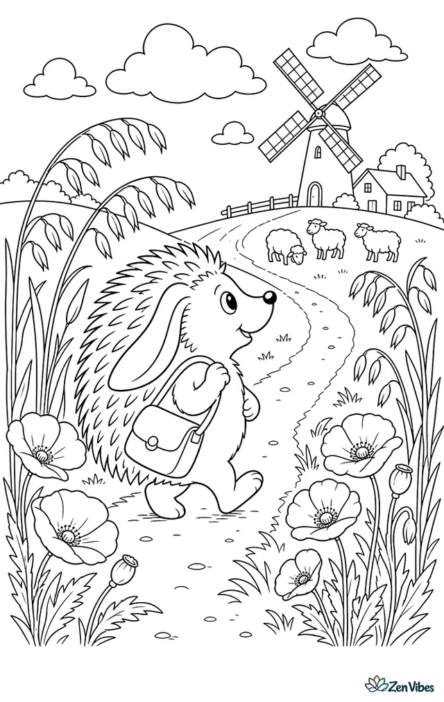 A long-eared hedgehog walks through a field of wild oats toward a windmill, with poppies, a dirt track, distant sheep, and a farmhouse beneath rolling clouds.