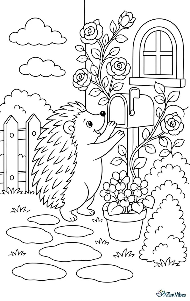 A European hedgehog stands on hind feet reaching toward a cottage mailbox, with climbing roses, stepping stones, a picket fence, potted violets, and trimmed shrubs.