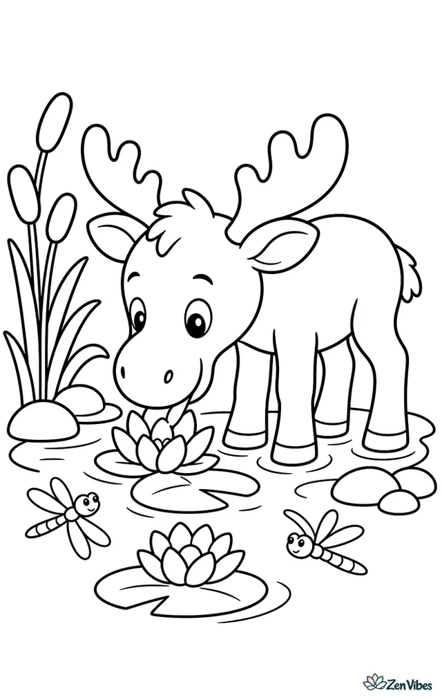 A moose calf stands in a shallow pond, nibbling water lilies while dragonflies skim the surface and rounded reeds sway beside smooth shoreline stones under a wide summer sky.