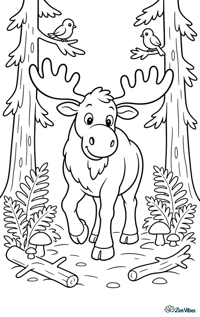 A bull moose walks between tall pine trunks on a simple forest path, with ferns, mushrooms, fallen branches, and a few birds perched quietly above in the morning light.