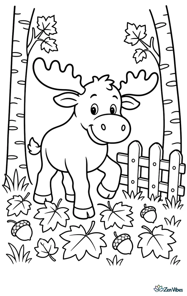 A cow moose steps through fallen maple leaves near a small wooden fence, with acorns, grass tufts, and two birch trees framing a calm autumn meadow.