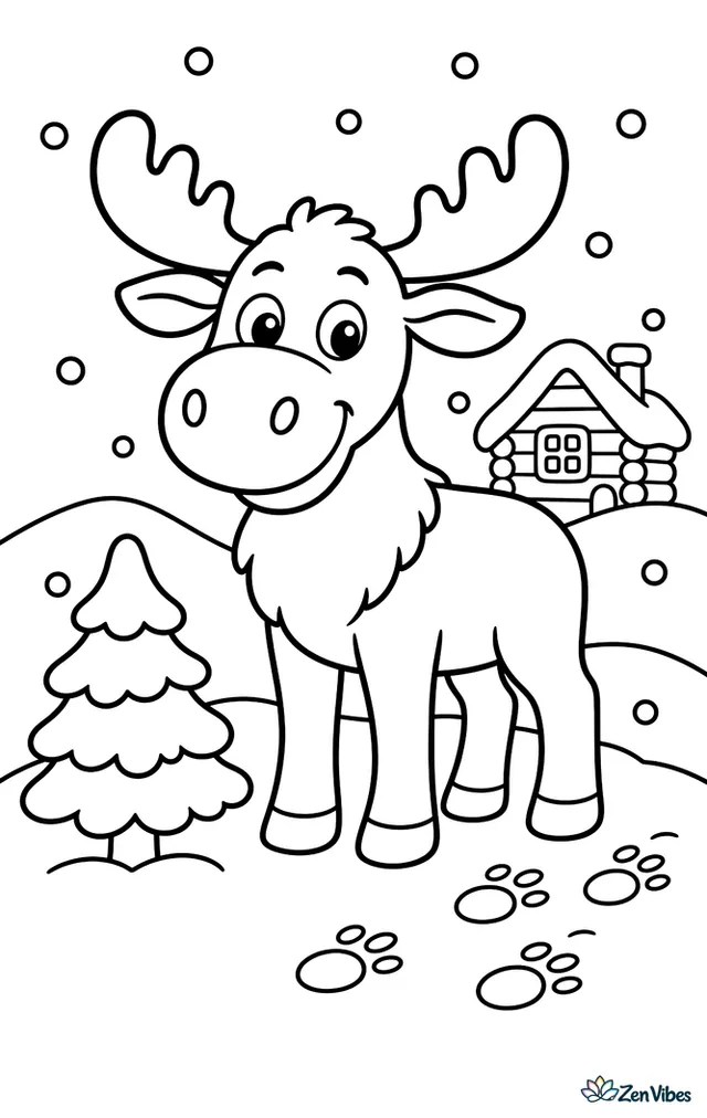 A moose stands in fresh snow beside a small evergreen, while gentle snowflakes fall and distant hills, paw prints, and a cozy log cabin sit in the background.