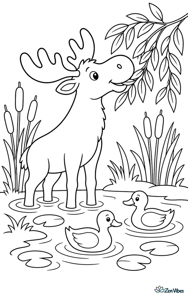 A moose reaches up to browse willow leaves at the edge of a marsh, surrounded by cattails, lily pads, rippling water, and a pair of ducks gliding nearby.