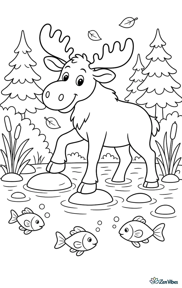 A moose carefully crosses a shallow river, lifting one hoof over smooth rocks while fish swim below and spruce trees, reeds, and drifting leaves line both banks.