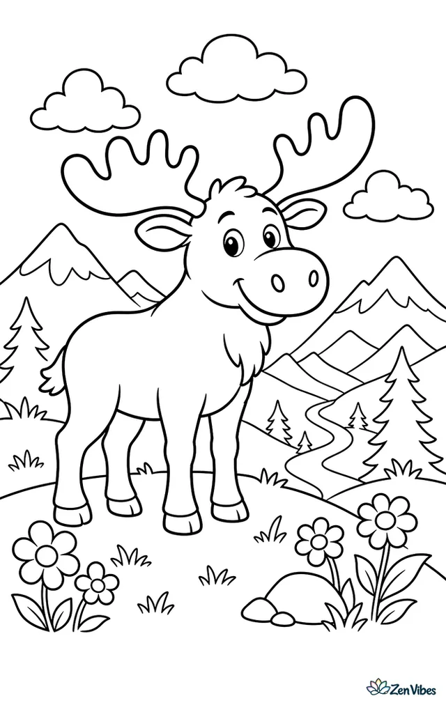 A moose stands on a grassy overlook above a mountain valley, with wildflowers, a winding trail, distant peaks, and a few puffy clouds stretching across the sky.