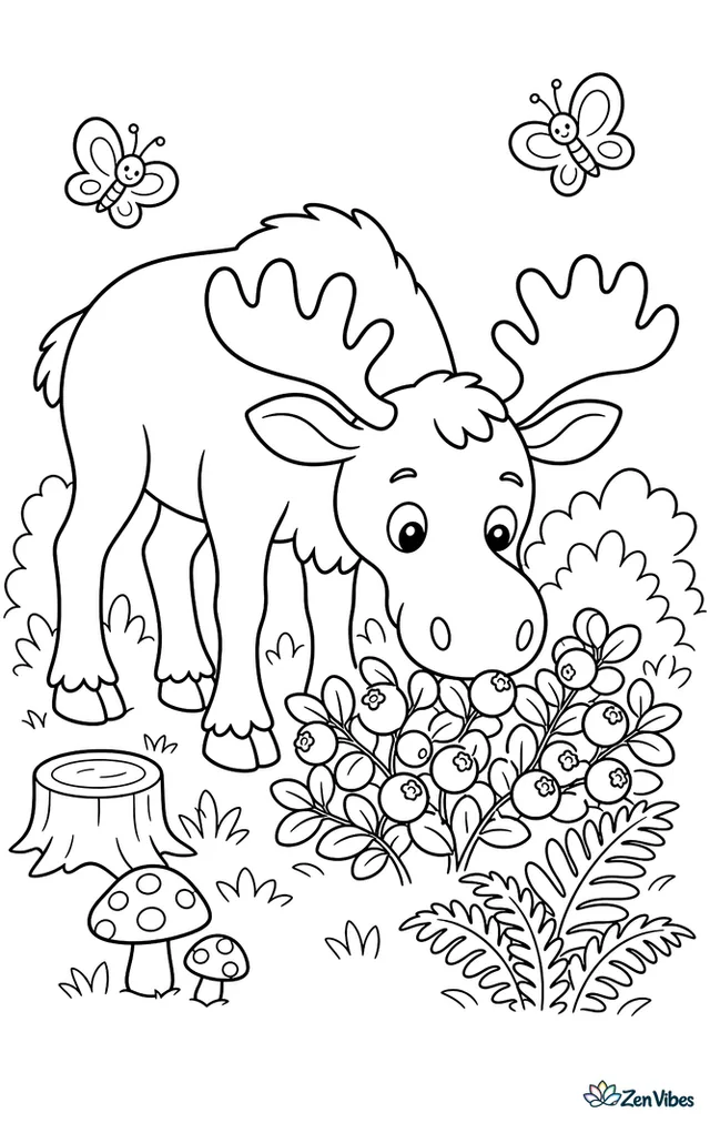 A moose lowers its head to sniff a blueberry patch in a woodland clearing, with tree stumps, ferns, mushrooms, and butterflies fluttering around sunny bushes.