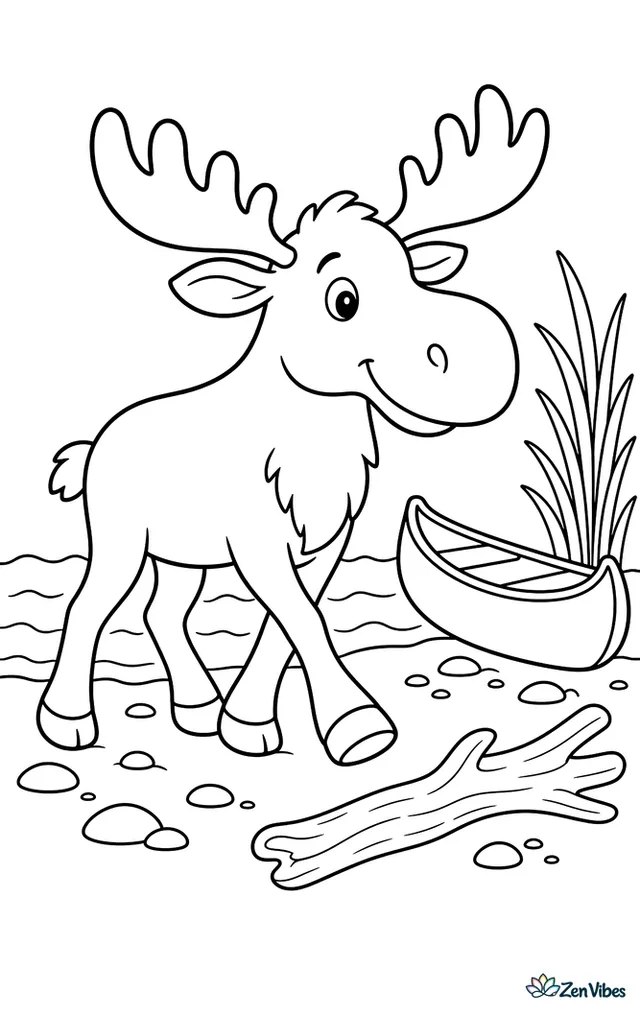 A moose strolls along a quiet lakeshore, passing driftwood and pebbles while gentle waves, tall grasses, and a canoe pulled onto shore fill the peaceful scene.
