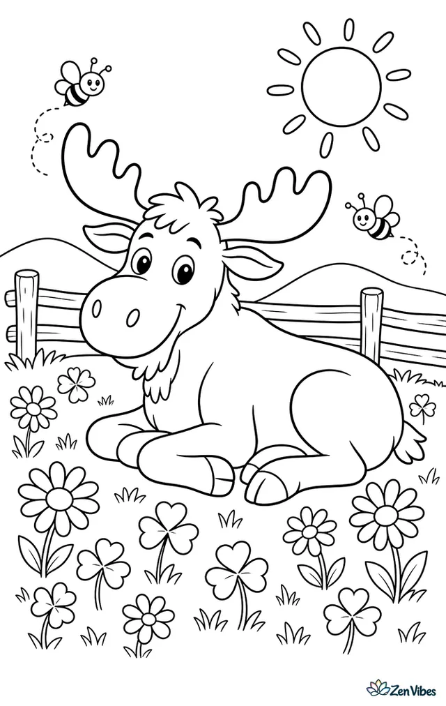 A moose lies down in a summer meadow, surrounded by clover, daisies, buzzing bees, and a split-rail fence with rolling hills beyond under bright afternoon sun.