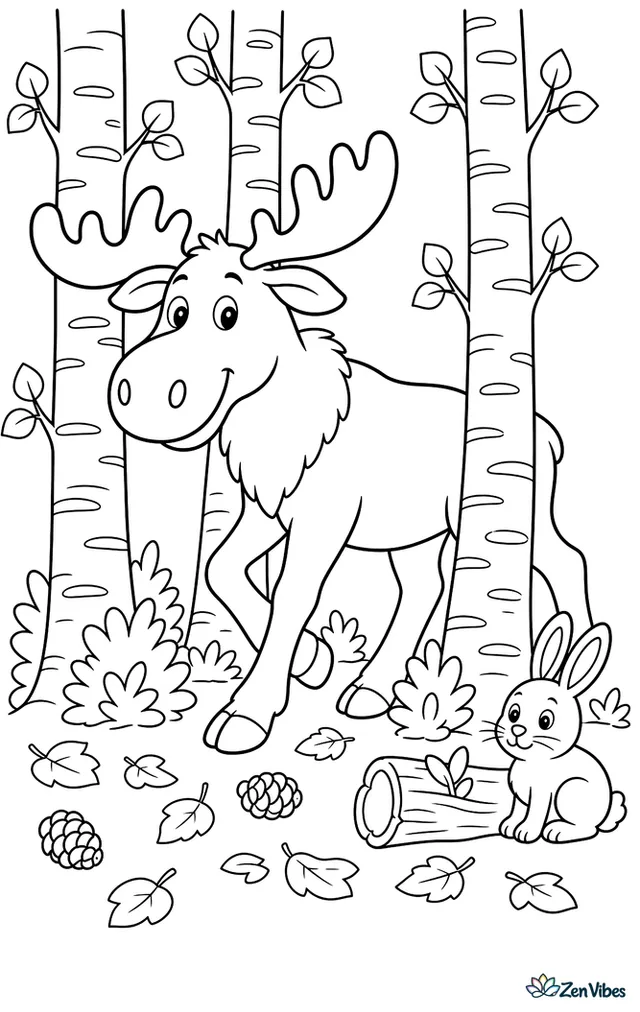 A moose weaves through an aspen grove, brushing past striped trunks and low shrubs while fallen leaves, pinecones, and a rabbit near a log add woodland detail.