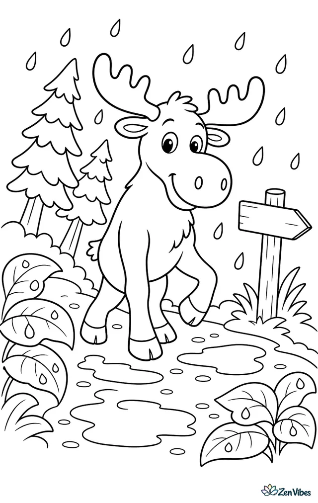 A moose walks down a muddy trail during a light rain, with puddles, raindrops on broad leaves, leaning fir trees, and a wooden signpost beside the path.
