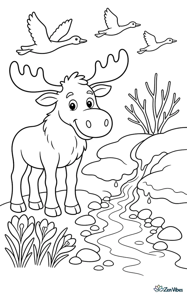 A moose stands beside melting snowbanks where a small stream begins to flow, with crocuses, bare branches, pebbles, and migrating geese flying overhead.