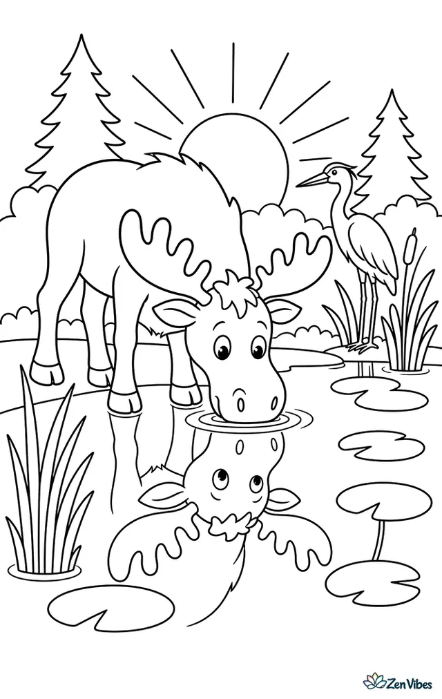 A moose bends to drink from a still pond at sunrise, with mirrored reflections, reeds, lily pads, distant pines, and a heron standing quietly near shore.