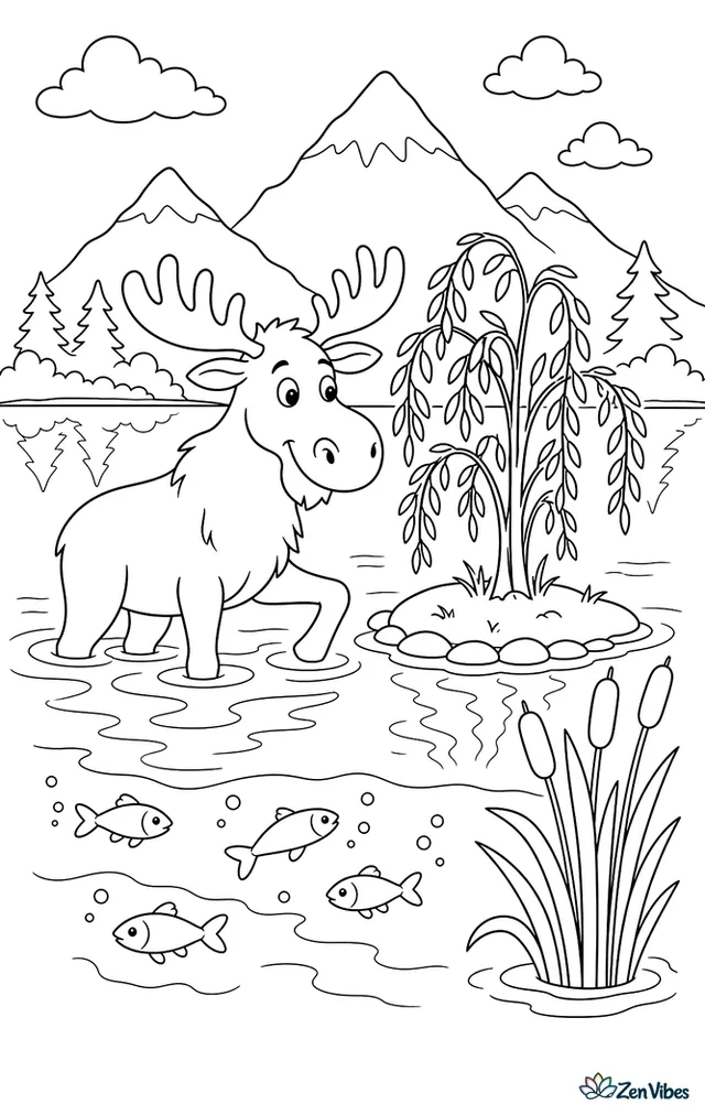 A moose wades to a tiny willow-covered island in a calm lake, while minnows dart below, cattails rise nearby, and mountains reflect softly in the water.