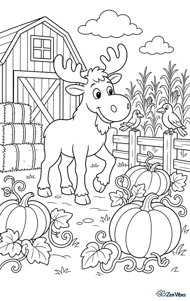A moose explores the edge of a pumpkin patch beside a red barn, with stacked hay bales, crows on fence posts, curling vines, and cornfields beyond.