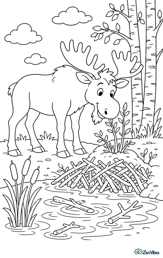 A moose stands near a beaver pond, nosing fresh shoots beside a small dam, with floating sticks, cattails, round ripples, and birches along the muddy bank.