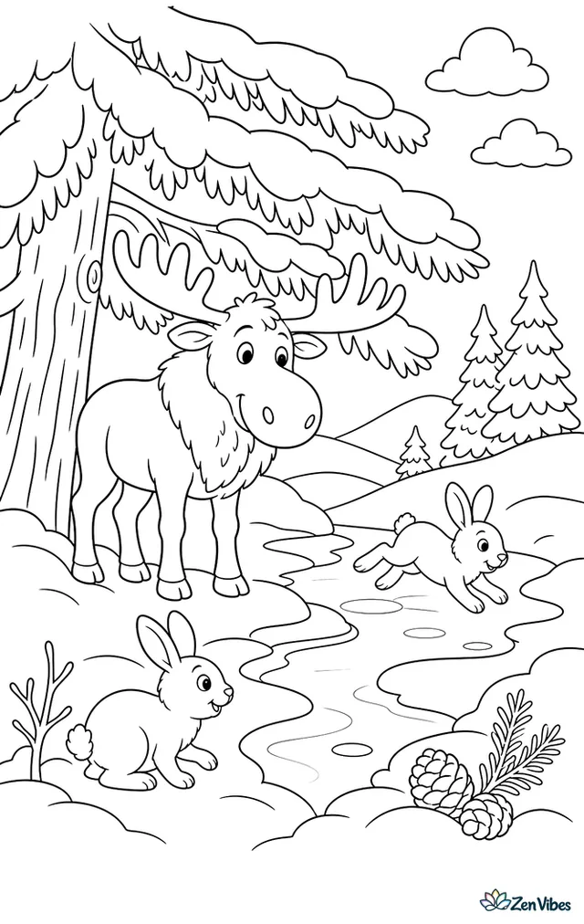 A moose pauses under snow-laden spruce branches for shelter, while rabbits hop between drifts and a frozen creek, pinecones, and distant hills complete the quiet forest.