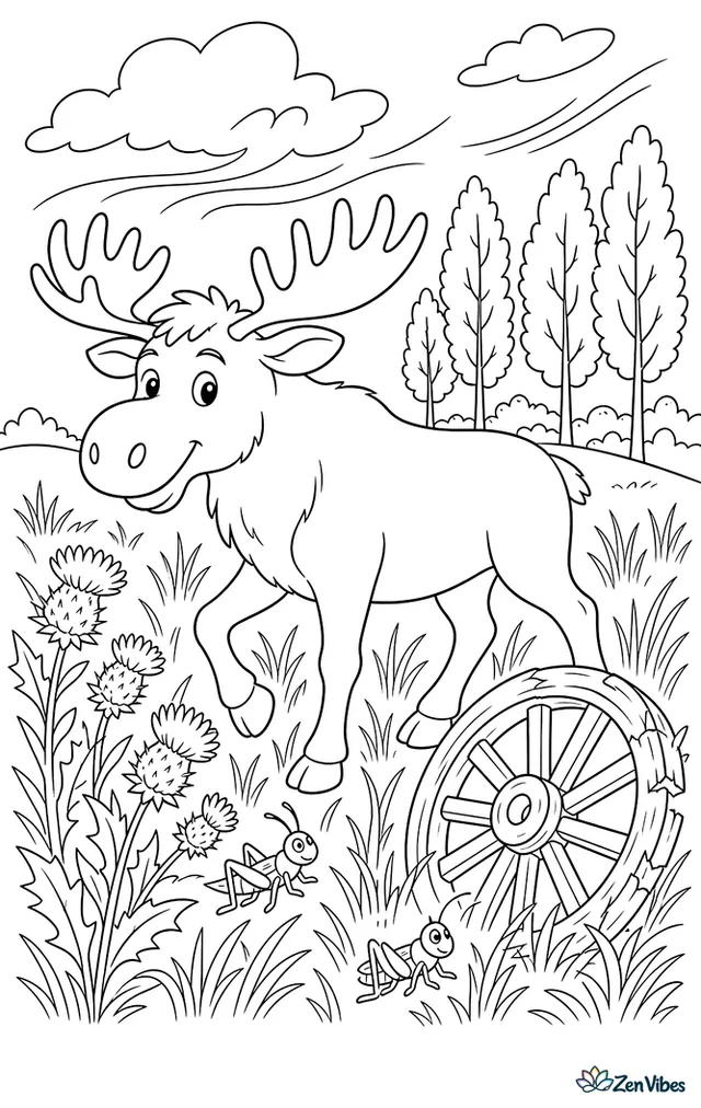 A moose ambles through a meadow of thistles and tall grass, with grasshoppers leaping, a weathered wagon wheel nearby, and a line of cottonwoods under breezy clouds.