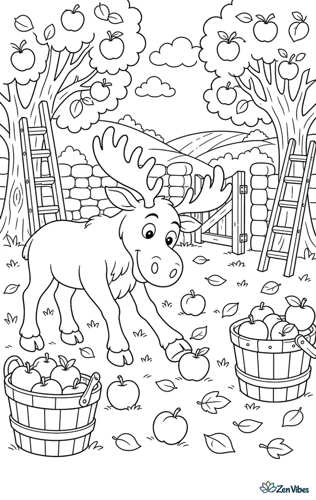 A moose reaches toward fallen apples in an orchard, surrounded by laddered trees, baskets, scattered leaves, a stone wall, and a rustic gate opening to fields.