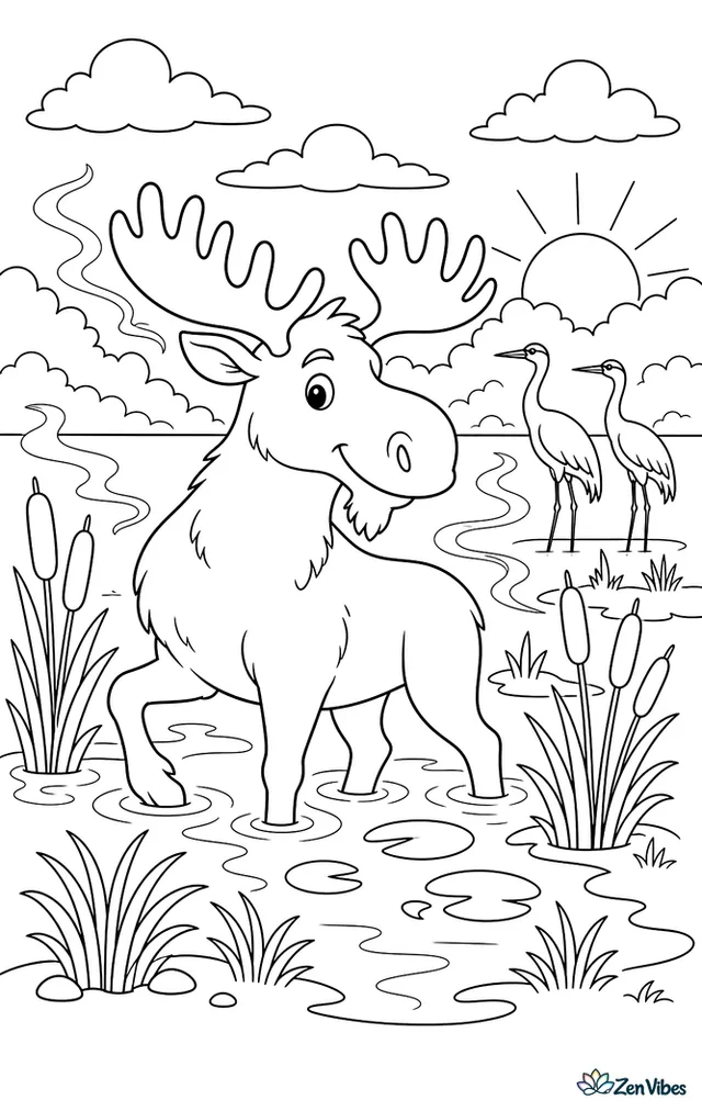 A moose moves through a foggy marsh at dawn, with mist curling above water, cattails, sedges, lily pads, and a pair of cranes standing in the distance.