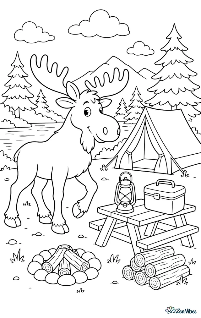 A moose wanders past an empty campground, with a picnic table, lantern, cooler, stacked firewood, pine trees, and a tent set near a calm lake.