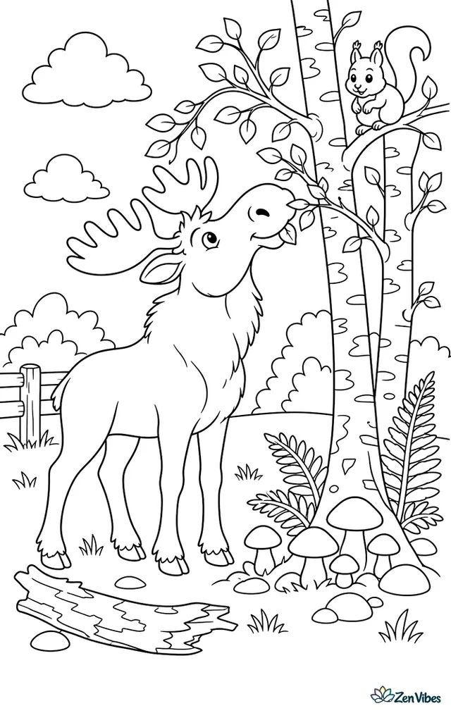 A moose stretches to browse tender birch twigs, while mushrooms cluster at the roots and ferns, rocks, fallen bark, and a squirrel in branches fill the grove.