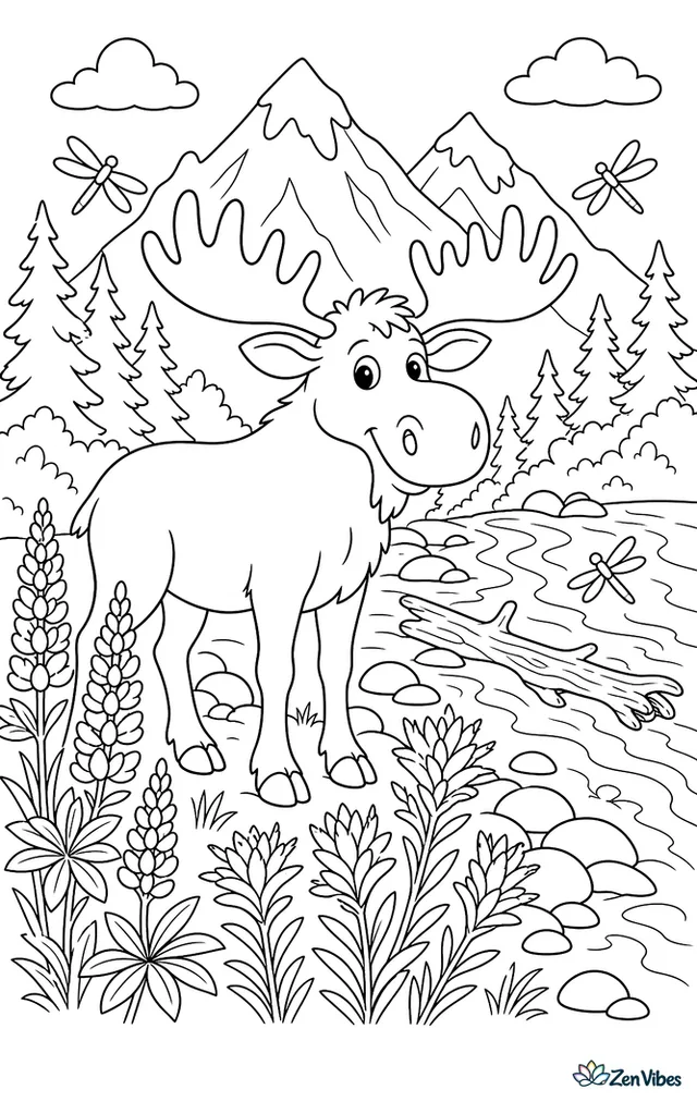 A moose stands among lupines and Indian paintbrush on a riverbank, with rounded stones, swift current, dragonflies, driftwood, and snowcapped peaks beyond the trees.
