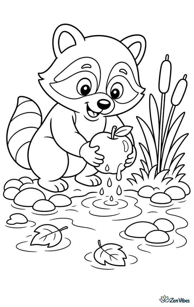 A raccoon rinses a shiny apple at the edge of a shallow creek, with round pebbles, cattails, drifting leaves, and a grassy bank under a simple woodland backdrop.