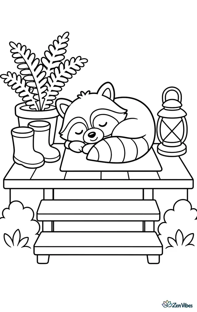 A sleepy raccoon curls up on a wooden porch mat beside a potted fern, rain boots, and a lantern, while a few porch steps lead down to simple bushes.