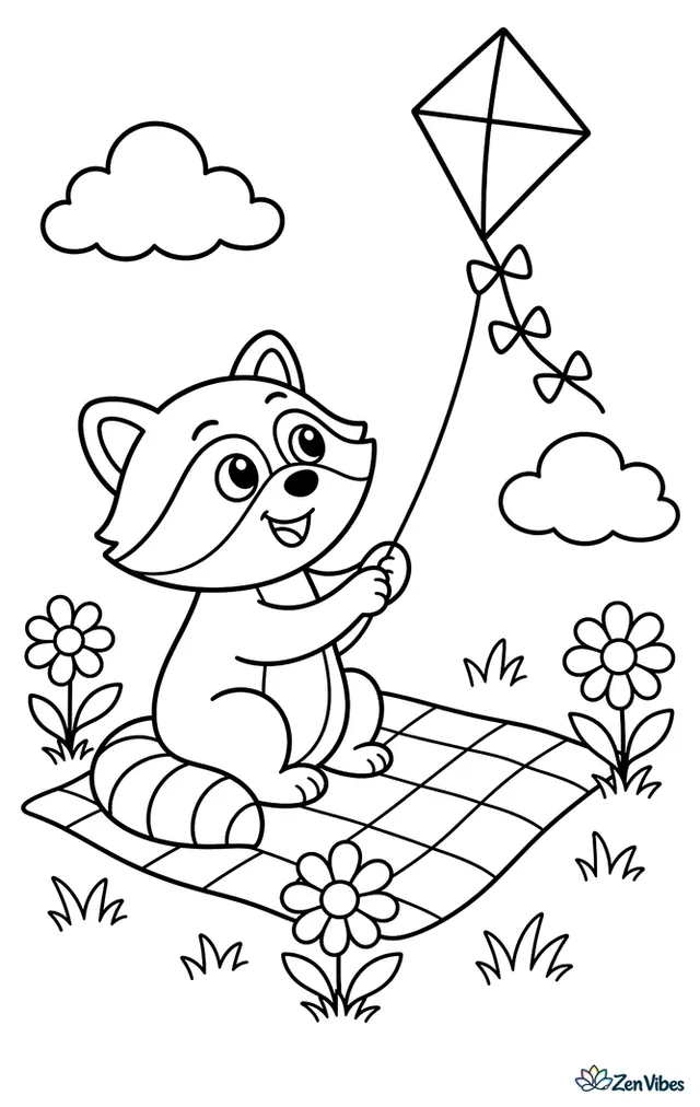 A raccoon sits in a sunny meadow looking up at a diamond kite in the sky, surrounded by daisies, short grass, a picnic blanket, and two fluffy clouds.