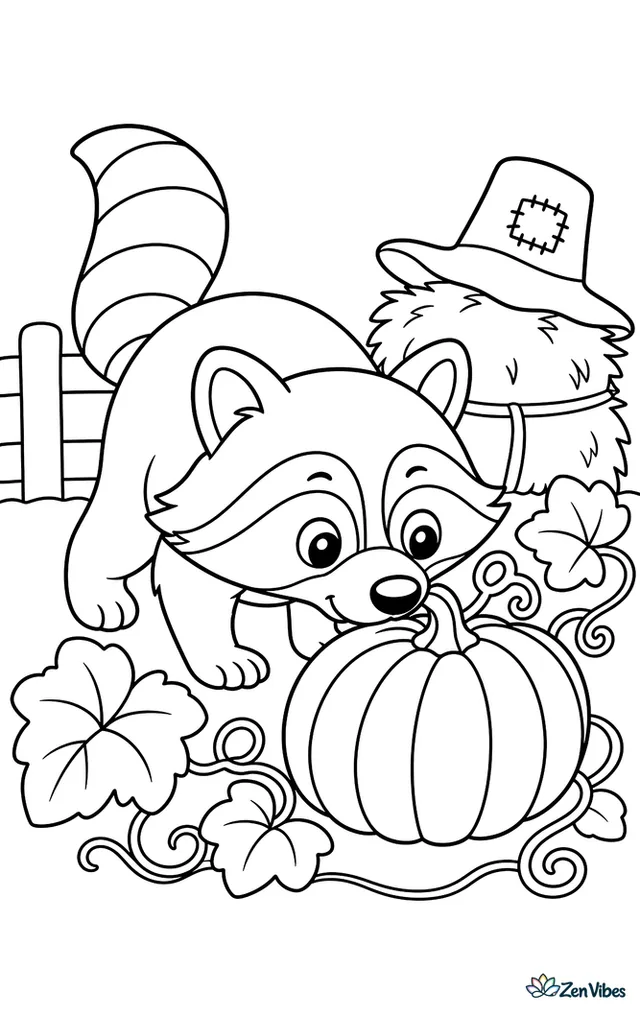 A raccoon explores a pumpkin patch, sniffing a striped pumpkin among curling vines, broad leaves, a fence rail, and a scarecrow hat resting on a hay bale.